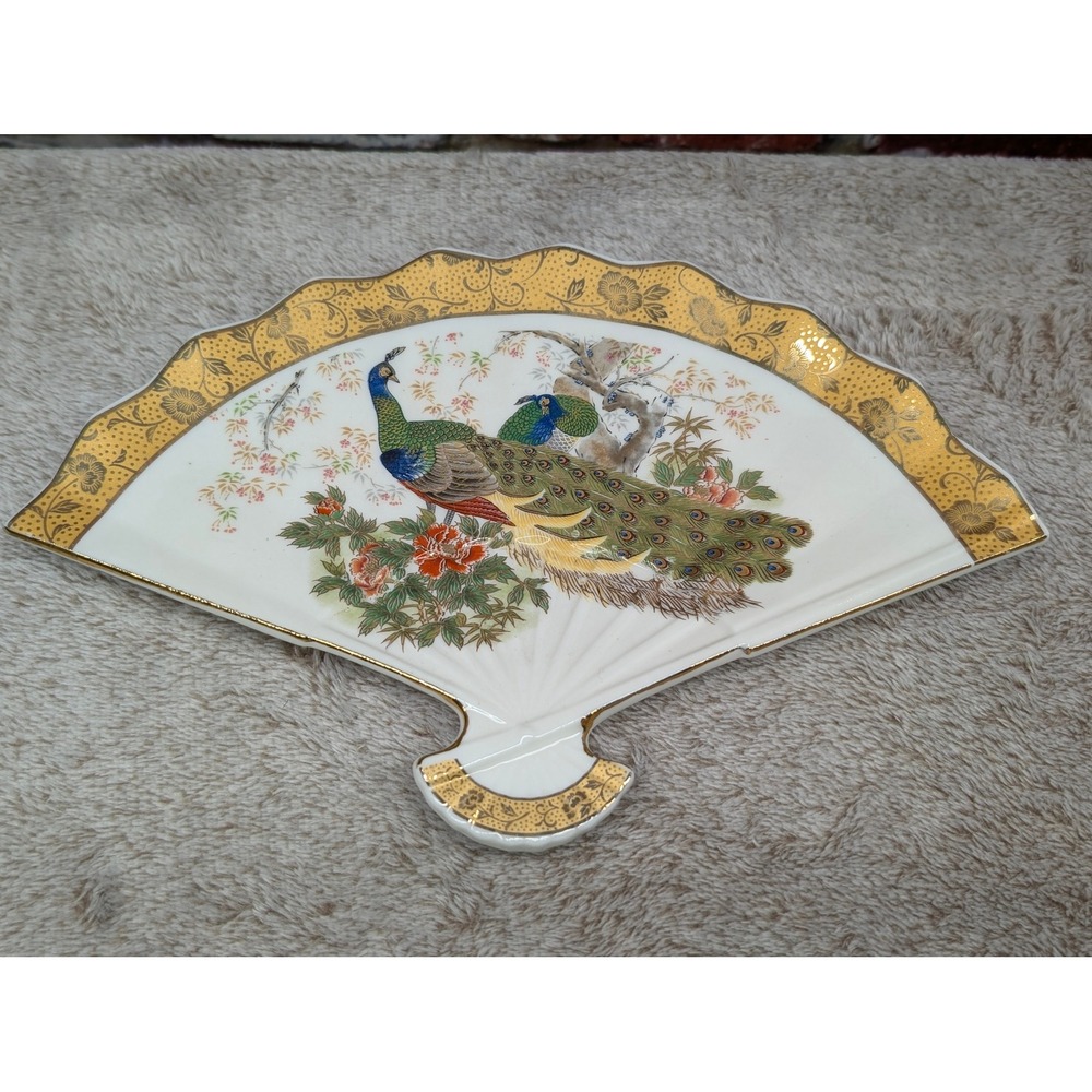 Vintage Japanese Porcelain Peacock Fan Trinket Dish Gold Gilt Scalloped Edge